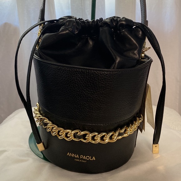 Anna Paola Italian Black Leather Bucket Bag NWT. - Picture 2 of 13